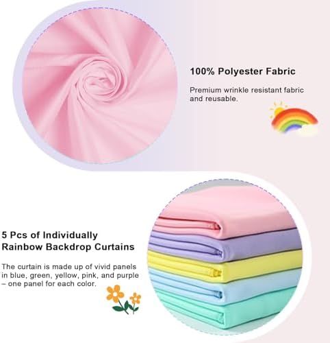 Rainbow Backdrop Curtains - 10x7FT Unicorn Backdrop Curtains - 5 Panels Pastel Backdrop Wrinkle-Resistant for Birthday Party Baby Shower Wedding Classroom Decor Photography Background - Image 3