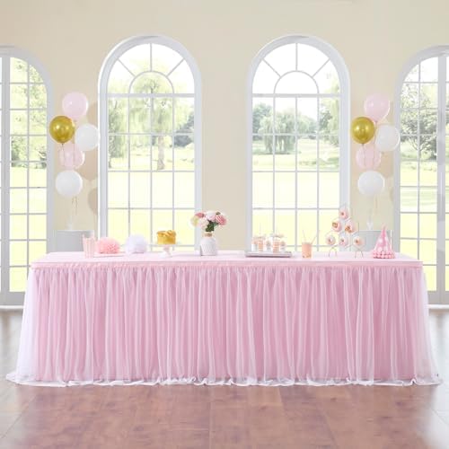 156in Baby Pink Tulle Table Skirts for Rectangle Tables 8ft 6ft, 2-Layer 13 ft Long Gold Grim Princess Pink Ruffle Tulle Tutu Table Skirt Cloth for Girl Birthday Baby Cake Dessert(No Table Cover) by ENJOYYOURPARTY