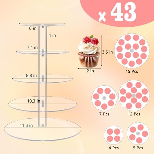YestBuy 5 Tier Round Acrylic Cupcake Tree Tower Display Stand Display for Pastry Wedding Birthday Party (5 Tier Round (4" Between 2 Layers)) - Image 5