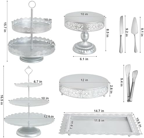 11Pcs Silver Cake Stand Set, Metal Dessert Table Display Set - Image 3