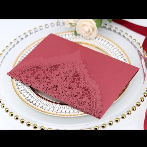 20Pcs Laser Cut Pocket Wedding Invitation Covers, 4.9×7 Inch Trifold Lace Floral Invitation Sleeves with Envelopes (Burgundy, 50 Pcs Customized Printed) by Unknown