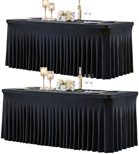 gogoparti 2 Pack Spandex Black Fitted Table Cloth for 8ft Rectangle Tables Black Stretch Tablecloth Table Covers Skirt Banquet Wrinkle Free Tablecloths for Parties Wedding by Gogoparti