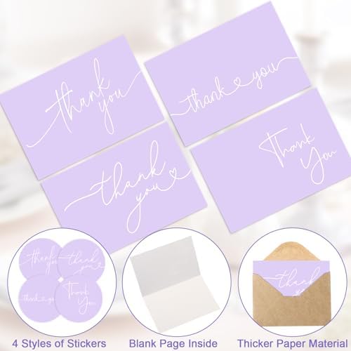 Teling 200 Set Thank You Cards with Envelopes Bulk, 6 x 4 Inch Blank Thank U Greeting Notes with Brown Kraft Envelopes Stickers Thankyou Card Set for Graduation Wedding Birthday Baby Shower(Purple) - Image 3