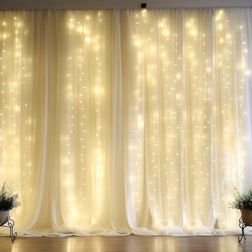 10ft x 10ft Beige Chiffon Backdrop Curtain with Lights String for Parties,2 Panels Sheer Chiffon Curtain Wedding Backdrop with Lights for Baby Shower Birthday Party Ceremony Reception Home Decorations - Image 6