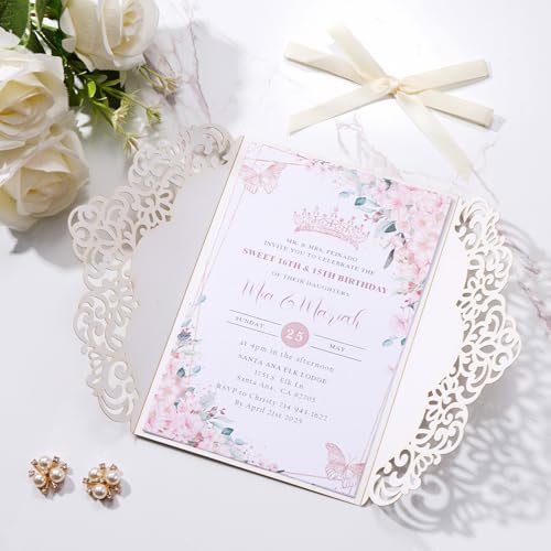 Glitter Purple Pink Wedding Invitations with RSVP and Envelopes Blank 50pcs - Image 6