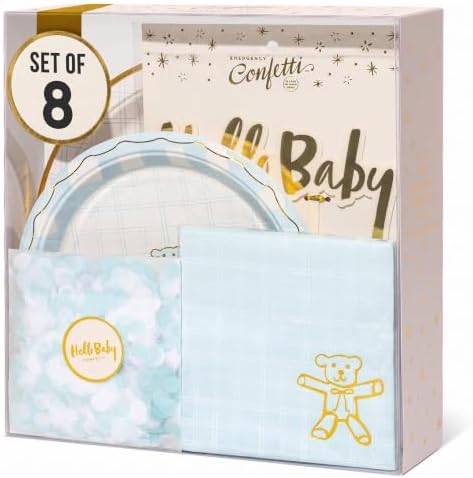 Baby Shower Celebration, Stylish Tableware Set for 8 Guests – Blue/White by EmergencyConfetti