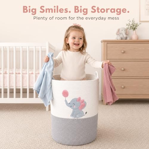 Elephant Baby Laundry Basket for Girl Nursery, Pink Rope Hamper, 20x15 in - Image 3