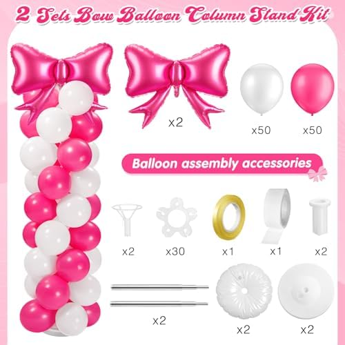 Bow Balloon Column Stand Set of 2, Hot Pink,White - Image 2