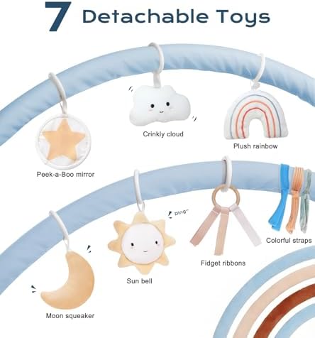 Little Dove Baby Play Gym Mat, Tummy Time Activity Mat with 7 Detachable Toys and 12 Milestone Cards for Stage-Based Sensory and Motor Skill Development, Washable Play Mats for Infant, Blue - Image 2