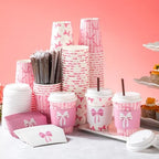 Jingmore 100 Set Pink Bow Coffee Cups with Lids, Straws and Sleeves Pink Bowknot Disposable Drinking Cup for Wedding Coquette Birthday Baby Shower Bachelorette Party Supplies (12 oz) - Image 4