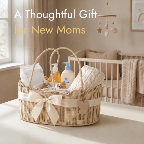 YANGQIHOME Diaper Caddy Organizer, Rattan Baby Basket, Scalloped Diaper Caddy - Image 6