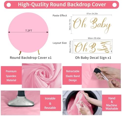 Gallety 7.2FT Pink Round Backdrop Cover with Oh Baby Decal, Size Adjuster, Universal Fit for 5-7.2ft Circle Stand, Polyester Fabric Arch Cover for Wedding, Birthday Party, Videos, Photography Decor - Image 2