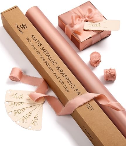 Vitalizart Matte Metallic Pink Wrapping Paper Set 30" Ribbons & Gift Tags by Vitalizart