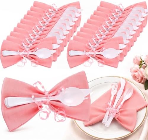 30 Set Pink Pre Rolled Silverware Set with Bow, Pink Napkins by Lanties