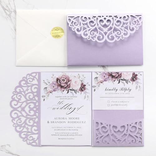 50PCS Purple Laser Cut Wedding Invitations with Envelopes and RSVP Cards - Image 7