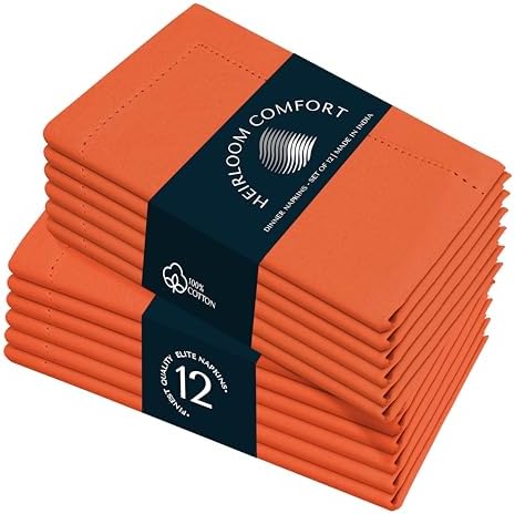Orange Cloth Dinner Napkins 18x18 Inch - Set of 12 - Durable, Soft, Reusable, Washable - Hemstitch Mitered Edges - Ideal Cotton Napkin for Table Dining, Everyday, Parties, Events by HEIRLOOMCOMFORT