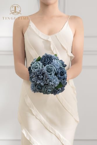 TINGE TIME 23pcs Artificial Flowers Combo, Roses Dahlia Dusty Blue - Image 5