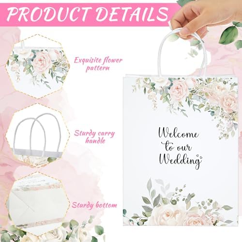 Kolldenn 50 Pcs Welcome Bags for Wedding Guests with Handles, Pink, Roses - Image 3