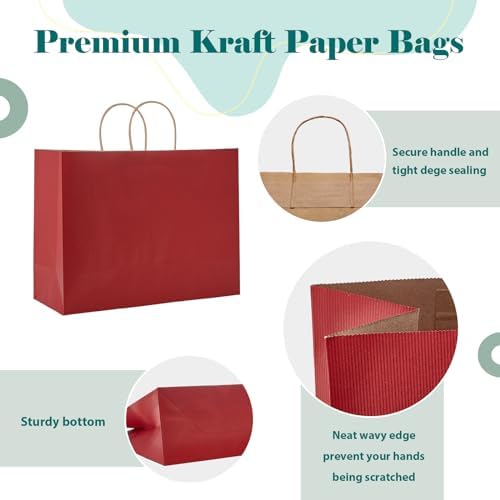 GSSUSA Red Paper Bags with Handles, Large Gift Bags 16x6x12, 50 Pack - Image 3