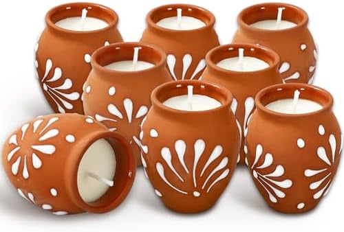 JarThenaAMCS 12 Pcs Cantaritos De Barro Mexicanos Candles Mini Terracotta Clay Pottery Candle Brown White Floral Decorative Mexican Candle for Cinco De Mayo Party Decoration Gifts by JarThenaAMCS