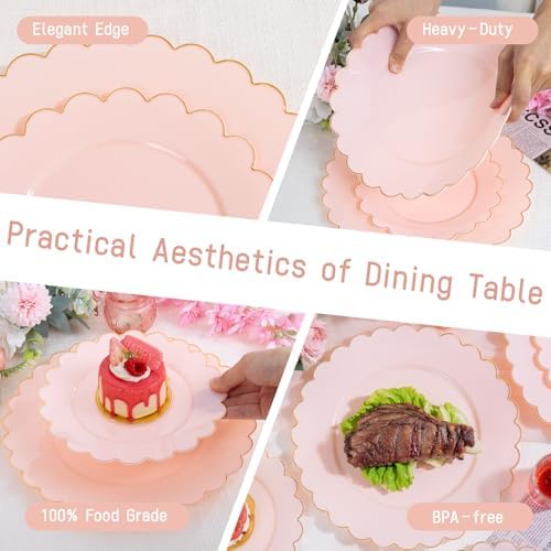 LIYH Pink Gold Rim 120 Pcs Scalloped Plastic Plates For Baby Shower Party - Image 3