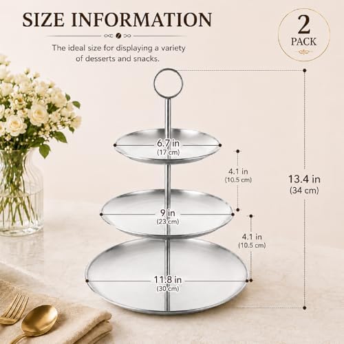 ABuff 3 Tiered Silver Cupcake Stand 2 Pack Stainless Steel Silver Tiered Dessert Stand Cupcake Display Tower 3 Tier Serving Tray Cake Stand for Baby Shower Birthday Party Wedding - Image 2