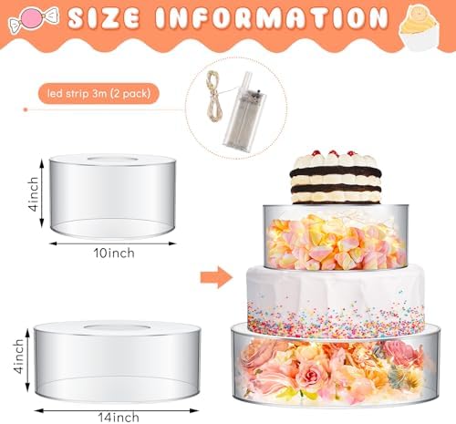 Sunnyray 2 Pcs Acrylic Cake Stands for Dessert Table Clear Fillable Cake Riser Cupcake Tier with LED Strings for Birthday Wedding Holiday Party Display(10", 14") - Image 2