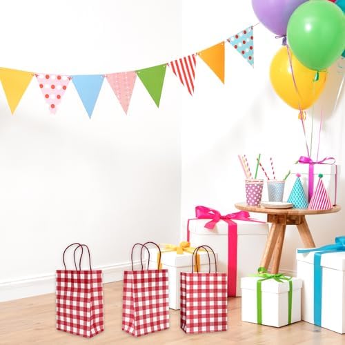 JarThenaAMCS 100Pcs Christmas Red White Checkered Kraft Paper Bag With Handles Gingham Treat Gift Bags Candy Goodie Bag for Baby Shower Birthday Party Favors Supplies - Image 7