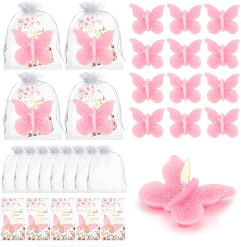 50 Sets Butterfly Baby Shower Party Favors Butterfly Shaped Candle, Scented Pink Tea Lights Candles with Thank Cards, Cute Butterfly Decorations for Guests Wedding Bridal Shower (Pink) by KBDHYY