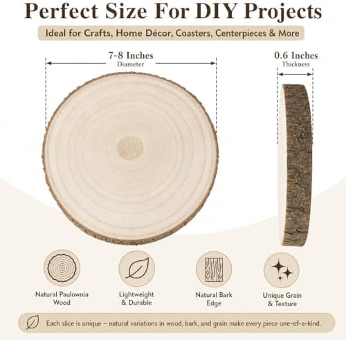 Wood Slices for Centerpieces, 7-8 Inches, Round, 10 Pack, Rustic Style, for Weddings, Baby Showers, and DIY Crafts - Image 2