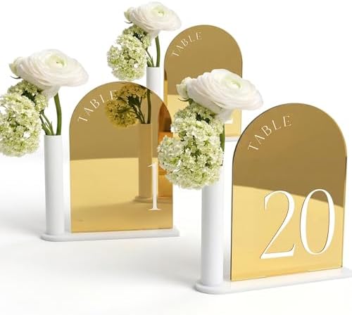 Wedding Table Numbers 1-20, Gold Mirror Acrylic Table Sign Holders & Stands by Veylantis