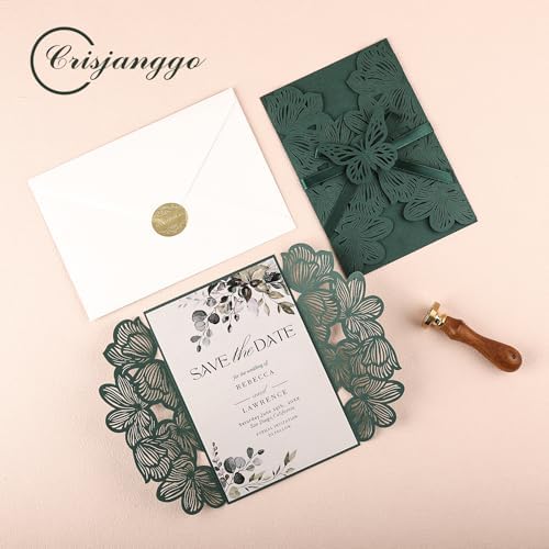 50Pcs Personalized Wedding Invitation Cards Laser Cut Hollow Butterfly with Ribbons Dark Green Invitation Kits with Envelopes and RSVP Cards For Wedding Baby Shower Birthday Quinceanera Invitation - Image 4