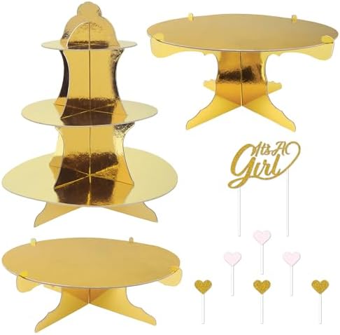 Beistle It’s A Girl Dessert Display Bundle – Gold Metallic Cupcake Stand, 2-Tier Cake Stands & Glitter “It’s A Girl” Cake Topper with Heart Picks, Baby Shower & Reveal Party Supplies for Food Tables by Beistle