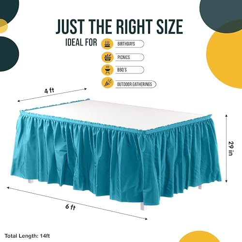 Exquisite Turquoise Table Skirt 48 Pack - Disposable Plastic Table Skirts for Rectangle Tables 6ft 8ft & Round Tables - 29in x 14ft Self-Adhesive Strip - Birthday Wedding Gender Reveal Decor - Image 5