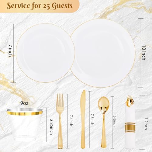 KIRE 175PCS Gold Plates Disposable - Heavy Duty White and Gold Plastic Plates Dinnerware Sets - 25 for Dinner 25 for Dessert 25 Pre Rolled Napkins and 25 Cups for Birthday/Wedding/Party - Image 4