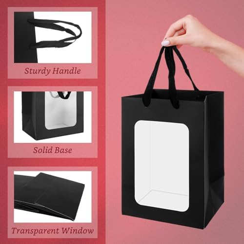 YOUNTHYE 50PCS Black Gift Bags with Window Black Kraft Paper Gift Bags with Transparent Window 9.8x7x5 inch Transparent Window Bags with Handles for Christmas Birthdays Festivals Party Weddings Wrapping - Image 3