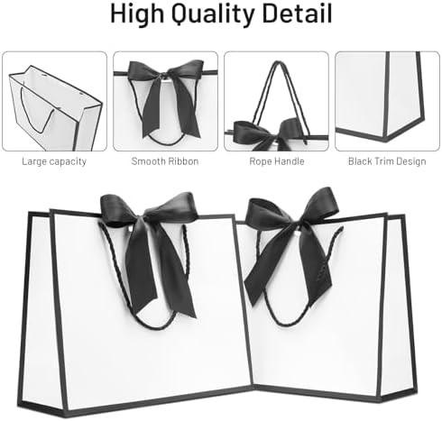 QIELSER Large Black and White Gift Bags with Handles and Ribbon, 12.5x4.5x10 Inch Paper Bags with Tissue Paper for Wedding, Bridesmaid, Baby Shower, Birthday, Holiday Party Gifts (24) - Image 3