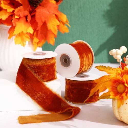 Preboun 4 Rolls Christmas Velvet Ribbon 24 Yards,Burnt Orange,2 Inch - Image 5