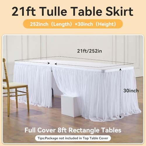 252in White Tulle Table Skirts for Rectangle Tables 8ft, 2-Layer Gold Grim Ruffle Tulle Tutu Cloth Table Skirt 21ft Long for Wedding Birthday Party Baby Shower Cake Dessert Tables(No Table Cover) - Image 5