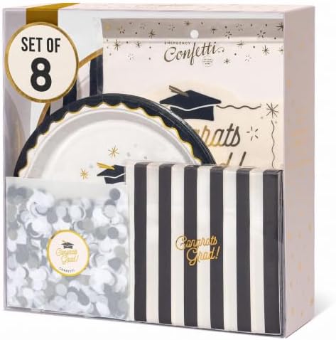 Graduation Celebration, Stylish Tableware Set for 8 Guests – Black/White by EmergencyConfetti