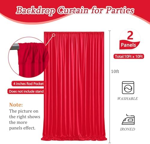 10 x 10 Feet Red Backdrop Curtain for Partie, Background Curtains for Photoshoot, Birthday, Wedding, Halloween, Thanksgiving, Christmas Day, New Year Party Decorations 5Ft x 10Ft, 2 Panels - Image 2