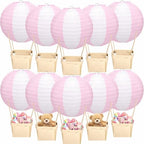 Rossesay 12 Sets Hot Air Balloon Decorations DIY Paper Lanterns Baby Shower Table Centerpieces Wooden Basket with Sticks for Gender Reveal, First Birthday Party, Wedding, Graduation(Pink) by Rossesay