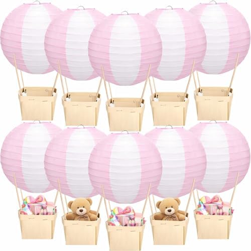 Rossesay 12 Sets Hot Air Balloon Decorations DIY Paper Lanterns Baby Shower Table Centerpieces Wooden Basket with Sticks for Gender Reveal, First Birthday Party, Wedding, Graduation(Pink) by Rossesay