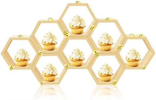8 Pcs 5.5 Inch Honeycomb Cupcake Stand Cake Farmhouse Hexagon Display Holder Hexagonal Wood Cupcake Stand Floating Table Sign with Wooden Bee for Baby Shower Birthday Party Table Decorations by Denylopro