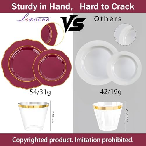 Liacere 350PCS Red Plastic Plates-Disposable Burgundy Red and Gold Plates 50guest Baroque Plastic Dinnerware include 100Plates, 50Pack Pre Rolled Napkins with Silverware 50Cups for Party & Wedding - Image 3