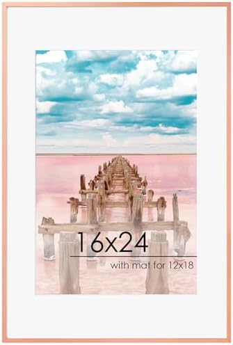 FLYJOE 16x24 Frame | 16x24 Poster Frame With Mat For 12x18 | Metal Aluminum Picture Frame With Tempered Glass | Minimalist Modern Poster Frame | Hanging Hardware Included | Rose Gold by FLYJOE