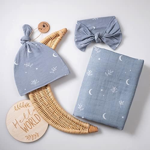 Miaoberry 100% Organic Muslin Swaddle Set w Matching Hat/Bow| Moon Leaves in Haze Blue| Hospital Home-Coming Baby Announcement Blanket Gender Neutral for Boy n Girl by MiaoberryBaby
