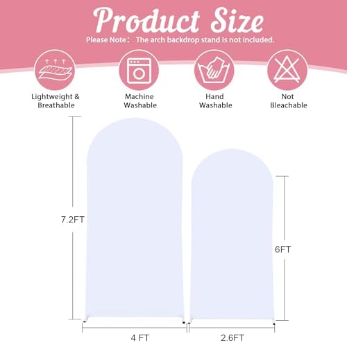 White Arch Backdrop Cover 2 Set - 7.2FT, 6FT Spandex Fitted Wedding Arch Stand Covers Round Top Chiara Arch Backdrop Stands Cover for Parties Birthday Banquet Photo Background Decoration - Image 2