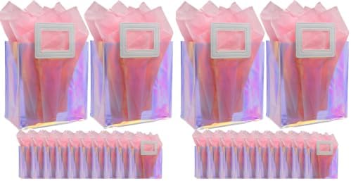 Caleihd 12PCS Holographic Clear Gift Bags with Tissue Paper, 7.9 * 7.1 * 3.9 inch with Handles,Treat Bags Goody Bags,for Christmas, Birthday Party, Weeding Gift Bags Party Supplies (Pack of 2) by Caleihd