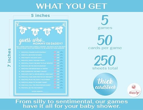 Party Hearty Baby Shower 5 Game Pack, Premium Thick Cardstock - Blue - Image 2